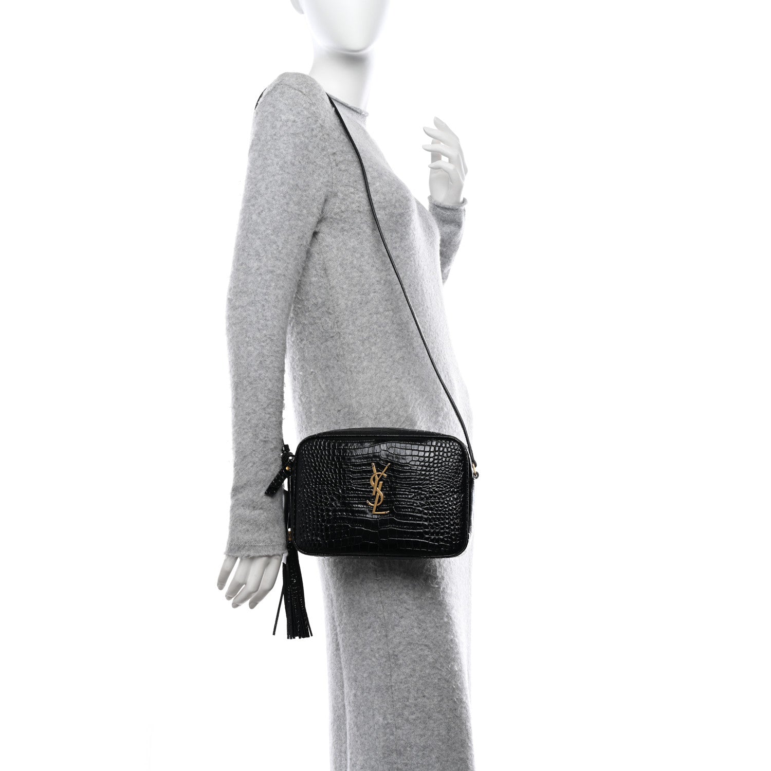 Saint Laurent Patent Calfskin Crocodile Embossed Monogram Lou Camera Bag Black 2 of 10