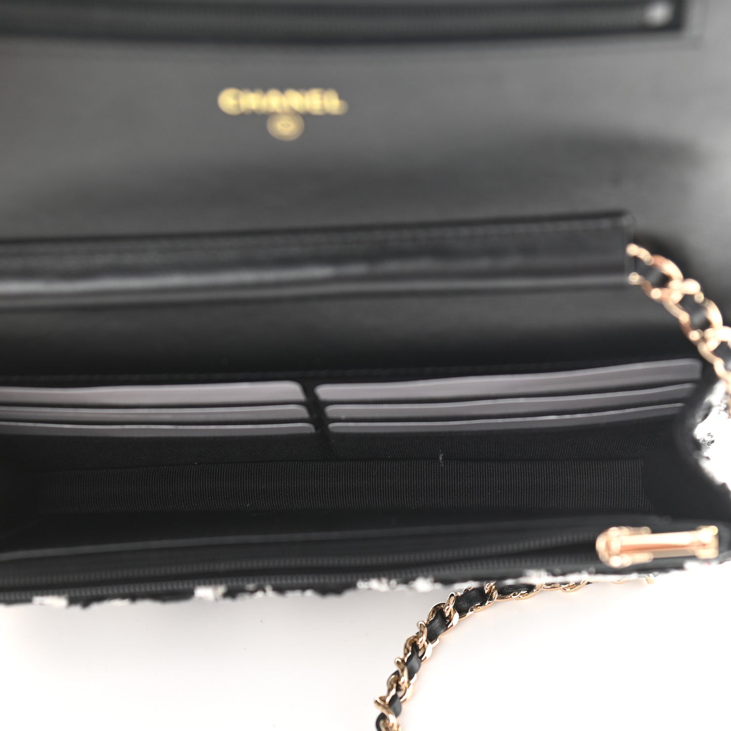 Tweed Quilted Wallet On Chain WOC Black Ecru White