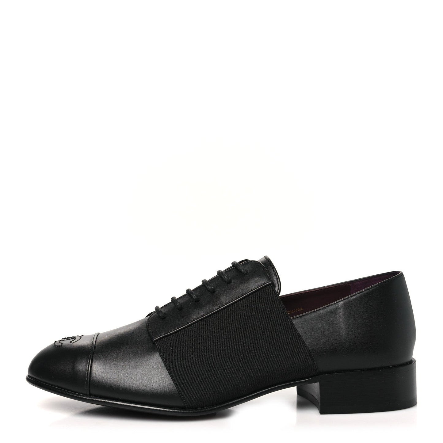 Calfskin Elastic Lace Up Cap Toe CC Loafers 37 Black