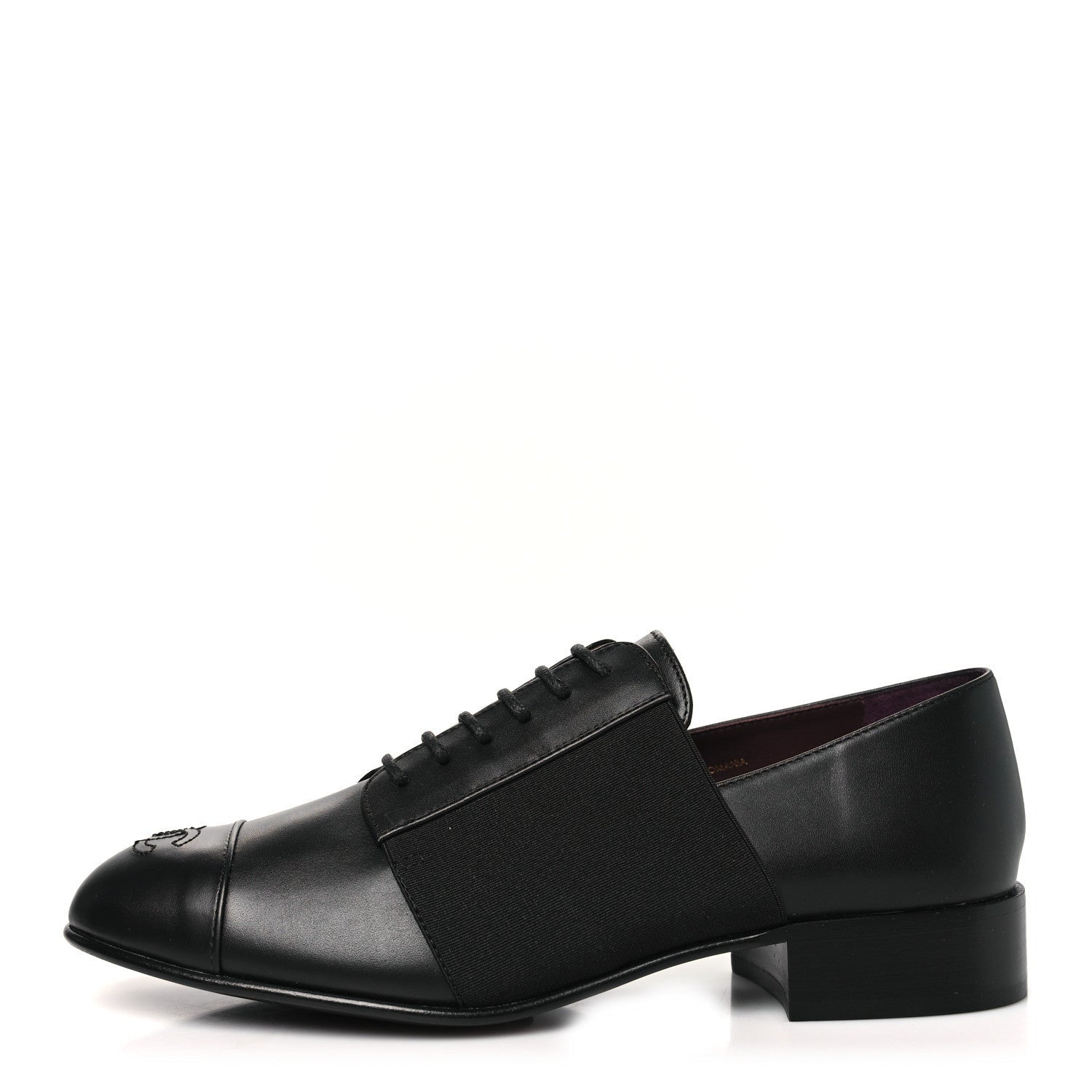 Chanel Calfskin Elastic Lace Up Cap Toe CC Loafers 37 Black 1 of 7