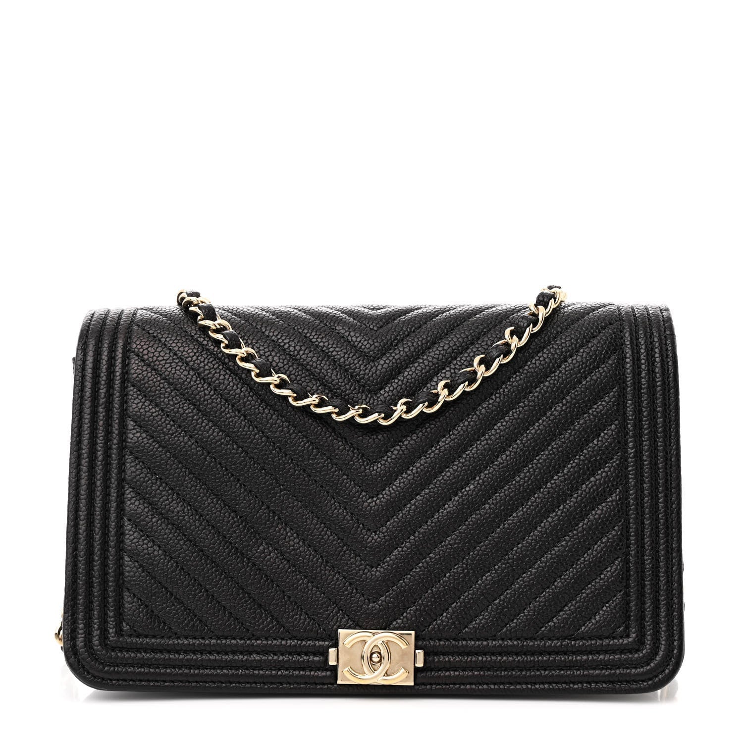 Chanel Caviar Chevron Quilted Boy Wallet On Chain WOC Black 1 of 7