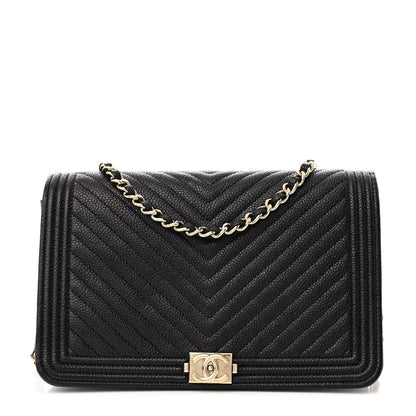 Chanel Caviar Chevron Quilted Boy Wallet On Chain WOC Black 1 of 7