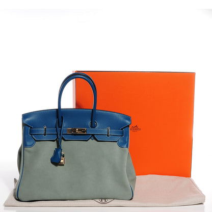 Hermes Veau Doblis Evergrain Grizzly Birkin 35 Bleu de Galice Ciel 6 of 26