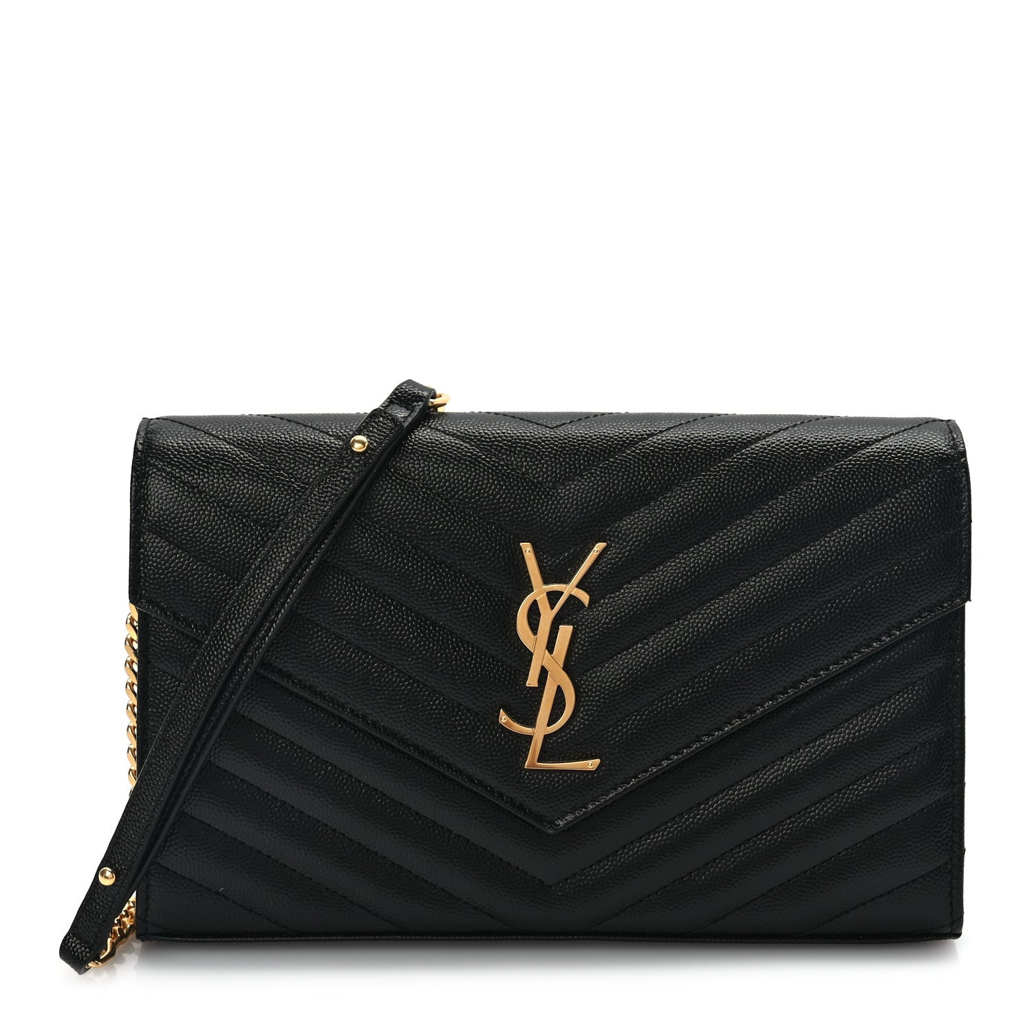 Saint Laurent Grain De Poudre Matelasse Chevron Monogram Chain Wallet Black 1 of 8
