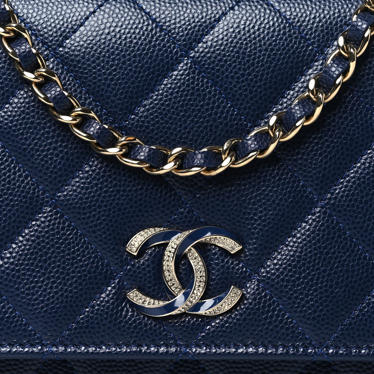 Caviar Quilted Crystal Enamel CC Wallet On Chain WOC Navy