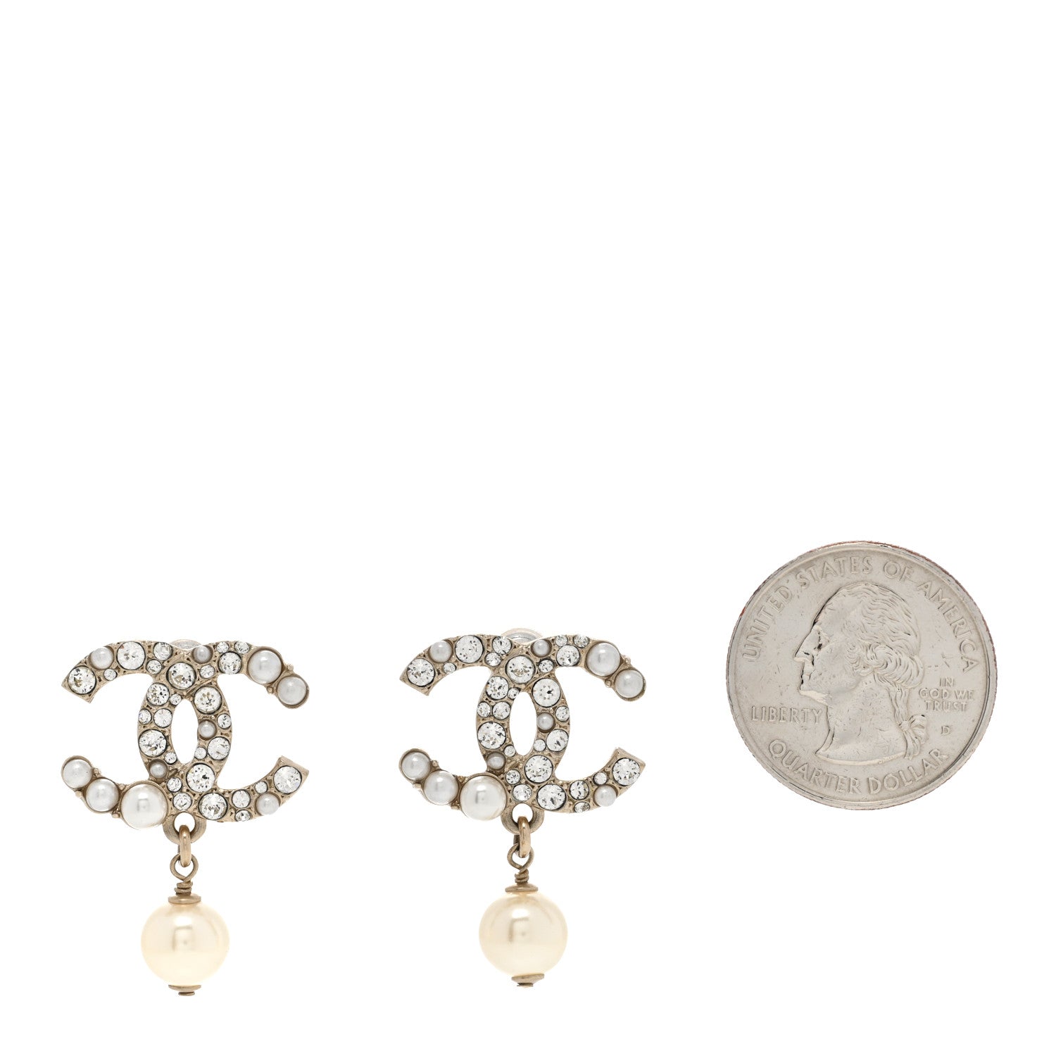 Chanel Crystal Pearl CC Drop Earrings Gold Pearly White 2 of 6